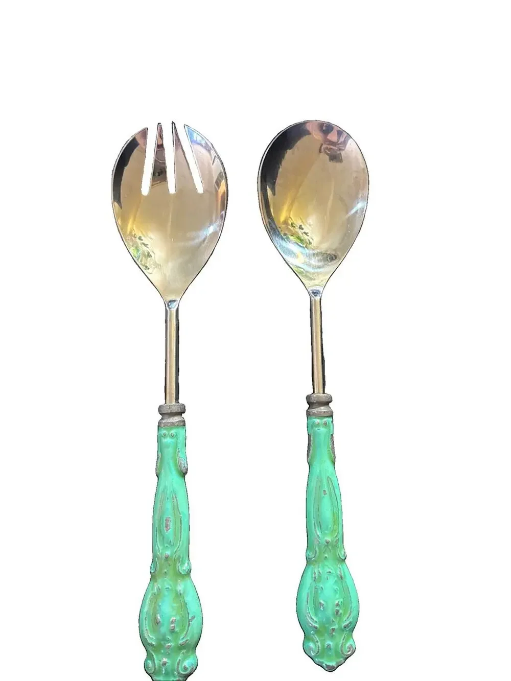 Anthropologie Serving Salad Set Ornate Green/Teal Handles Stainless Steel